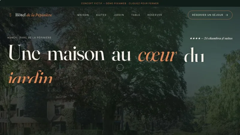 Capture réelle de la démo Hôtel de la Pépinière, concept de portfolio